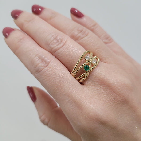 Diamond and Emerald 3-stone Beaded Criss Cross Ring - available on special order