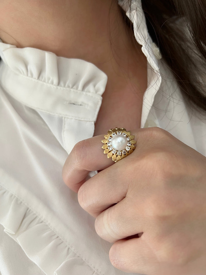 Vintage Pearl and Topaz Flower Ring