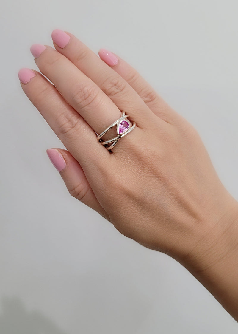 Pear Shape Pink Lab Grown Zircon Criss Cross Ring