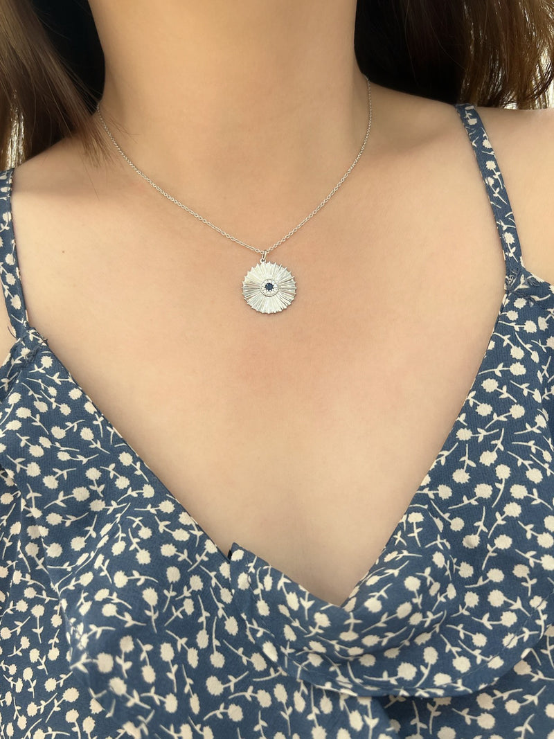 Sapphire and Diamond Halo Sunburst Necklace