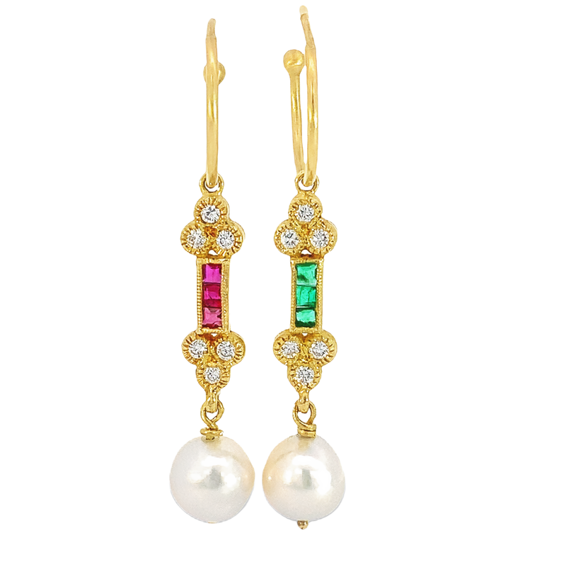 Diamond Ruby Emerald Pearl Dangle Earrings