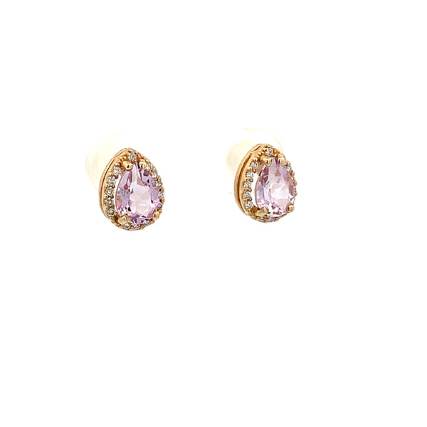Pear Shape Rose de France Amethyst and Diamond Halo Stud Earrings