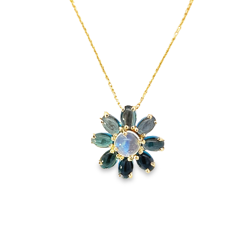 Cabochon London Blue Topaz & Moonstone Flower Necklace