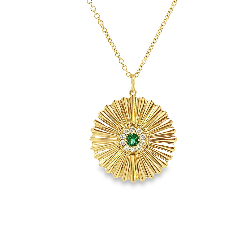 Emerald and Diamond Halo Sunburst Necklace