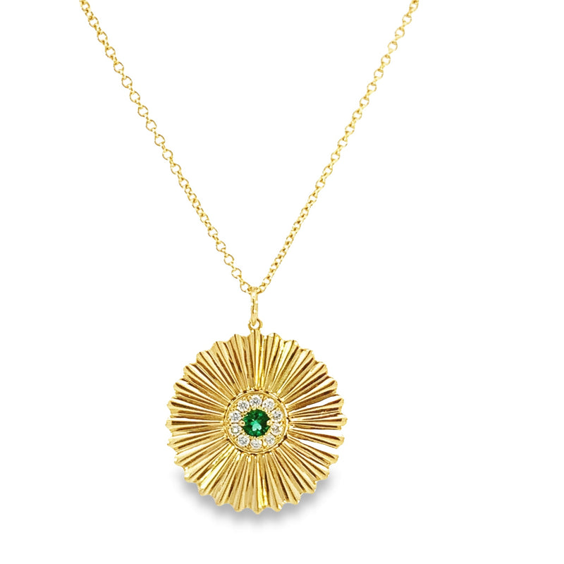 Emerald and Diamond Halo Sunburst Necklace