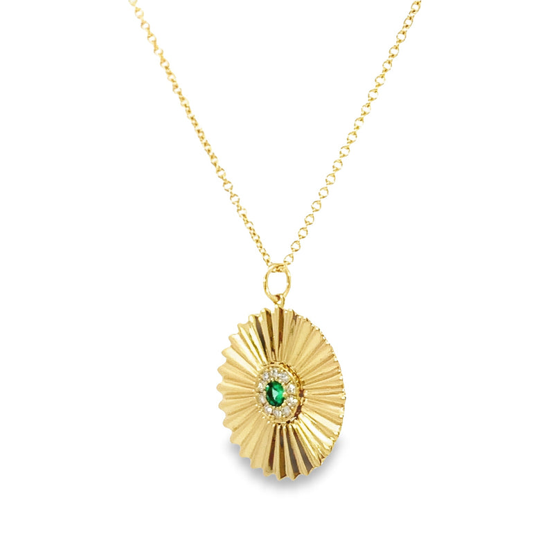 Emerald and Diamond Halo Sunburst Necklace