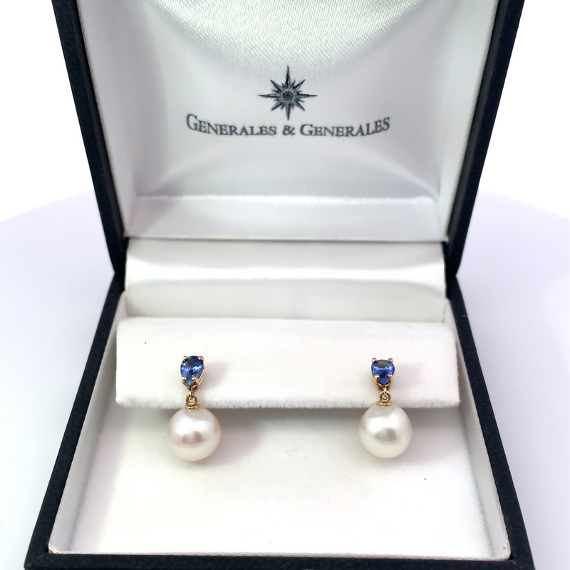 Cultured White Akoya Pearl and London Blue Topaz Earrings - made to order