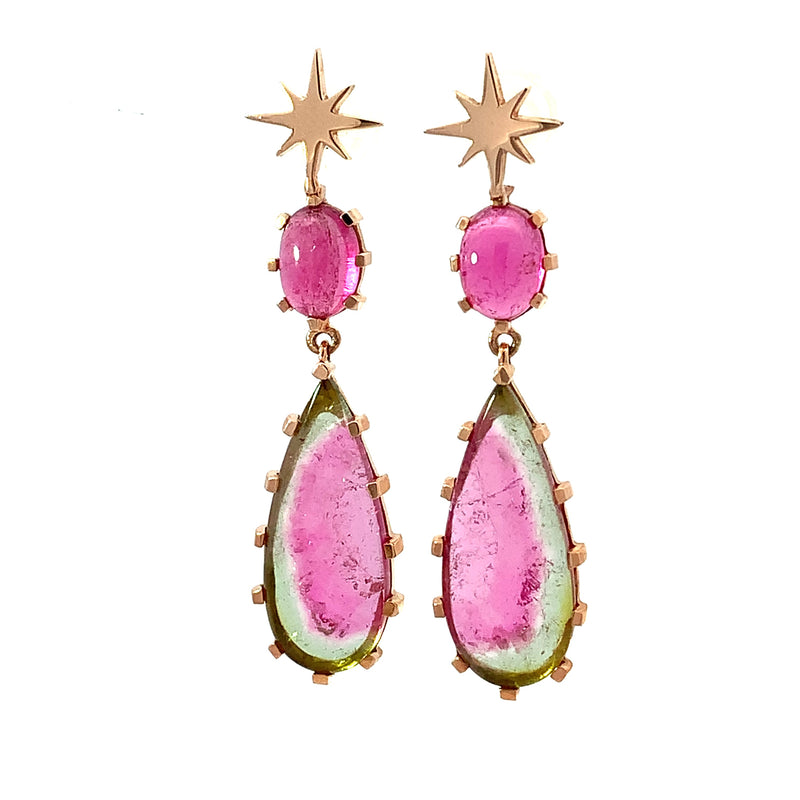 Pink Rubellite and Watermelon Tourmaline Star Drop Earrings