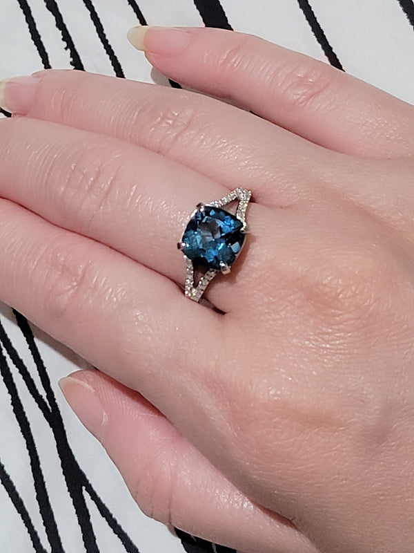 Cushion Cut London Blue and Diamond Ring