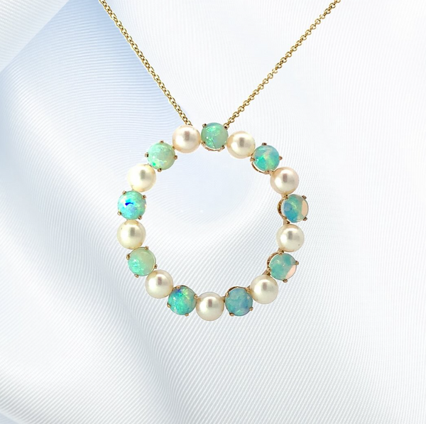 Cabochon Australian Opals and Pearls Circle Necklace