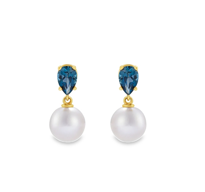 Cultured White Akoya Pearl and London Blue Topaz Earrings - made to order