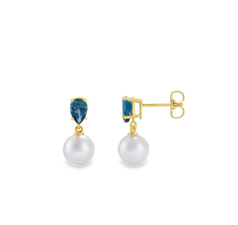 Cultured White Akoya Pearl and London Blue Topaz Earrings - made to order