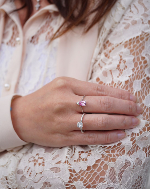 Teardrop Pink Created Zircon and Diamond Ring