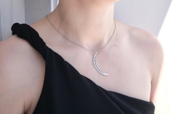 Black and White Diamond Cresent Moon Necklace