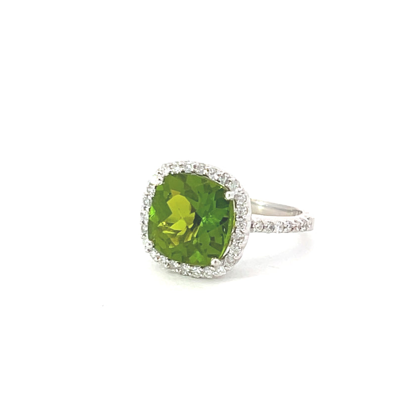 Cushion Peridot Diamond Halo Ring
