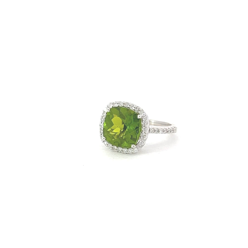 Cushion Peridot Diamond Halo Ring