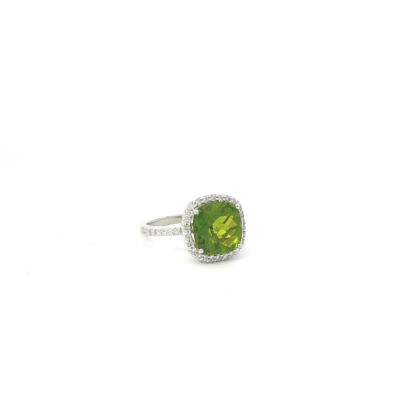 Cushion Peridot Diamond Halo Ring