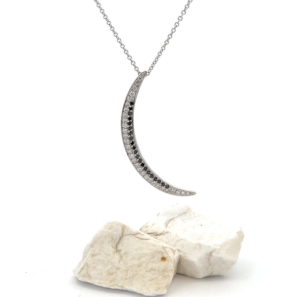 Black and White Diamond Cresent Moon Necklace