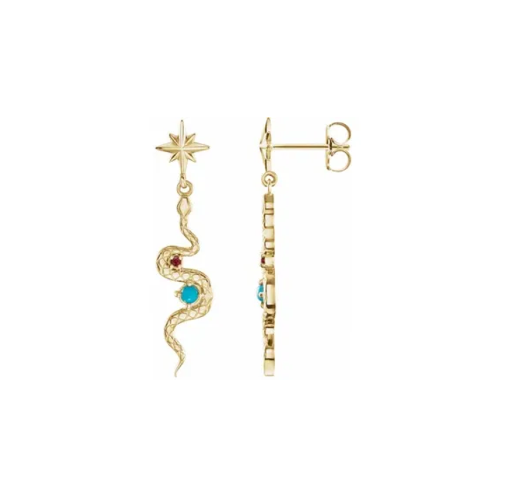 Turquoise and Ruby Star Snake Dangle Earrings - available on special order