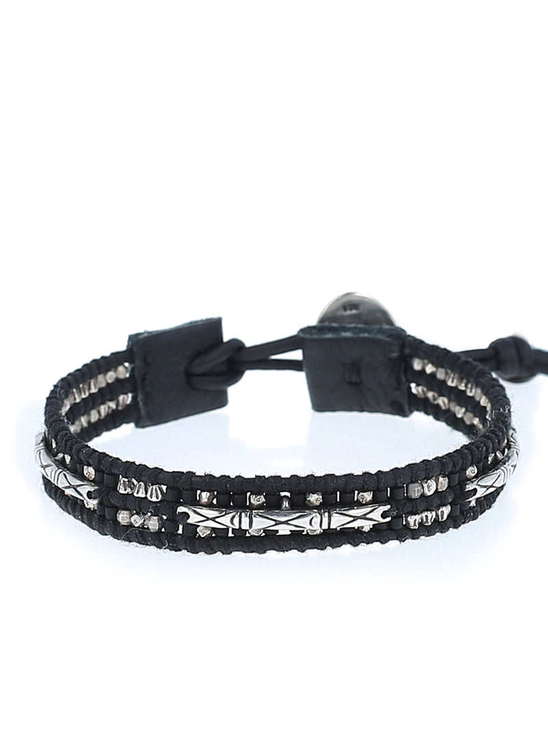 Men's Black Mix Bead and Leather Bracelet