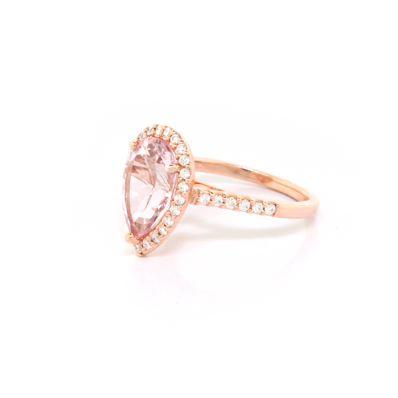 Pear Shape Morganite and Diamond Halo Ring - available on special order