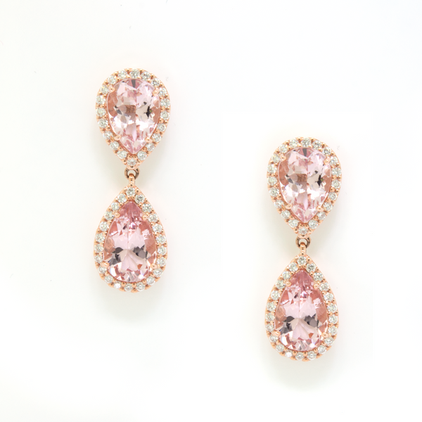 Pear Morganite Drop Diamond Halo Earrings - available on special order