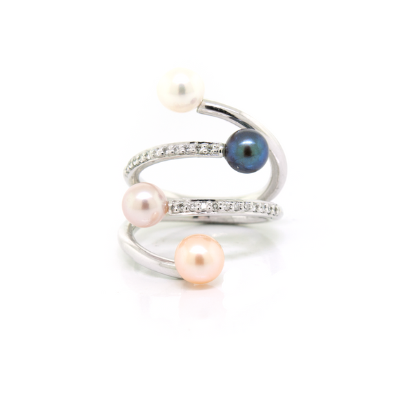 White Gold Multi Color Pearl & Diamond Ring