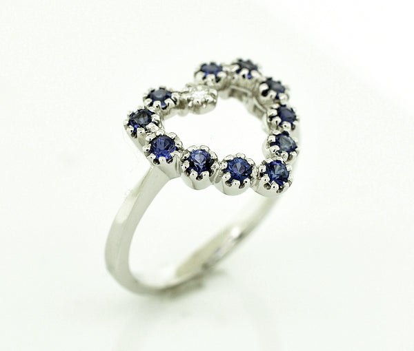 Blue Sapphire and Diamond Open Heart Ring