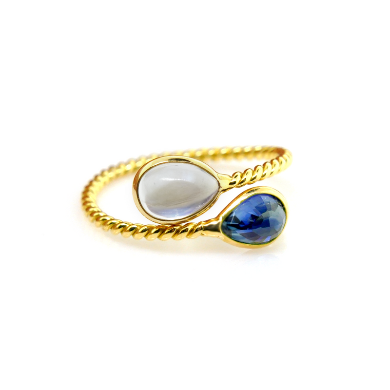Pear Shape Blue Sapphire and Moonstone Crossover Ring