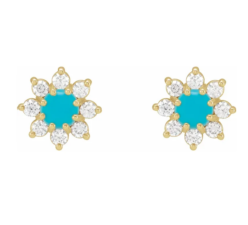 Natural Turquoise and Diamond Flower Earrings