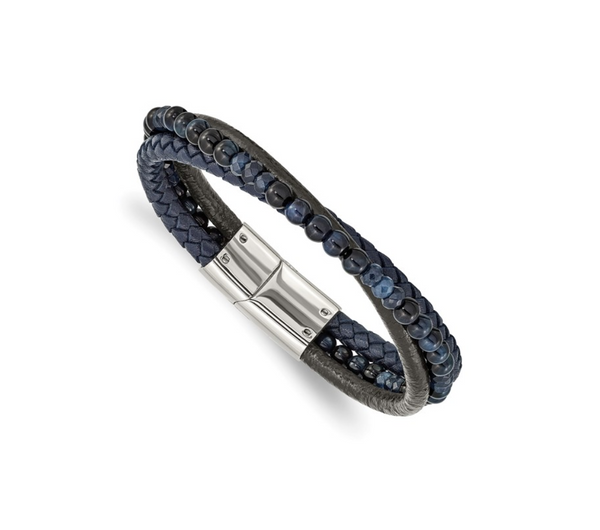 Stainless Steel Polished Multi Strand Blue Chalcedony and Tiger's Eye Beaded Black and Blue Leather Bracelet
