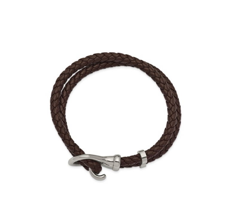 Stainless Steel Polished Brown Braided Leather Bracelet
