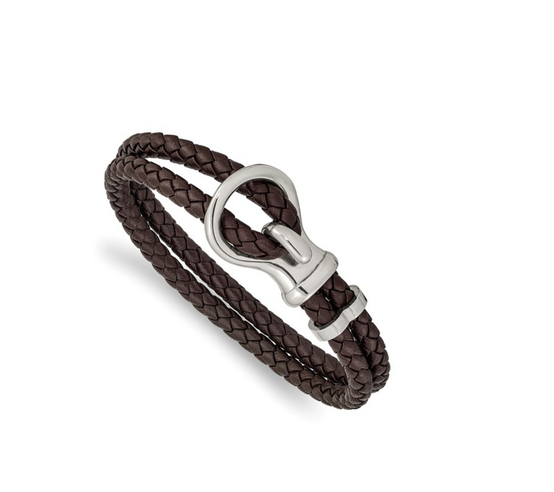 Stainless Steel Polished Brown Braided Leather Bracelet