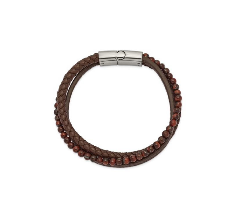 Stainless Steel Polished Multi Strand Tiger's Eye Beaded Brown Leather Bracelet