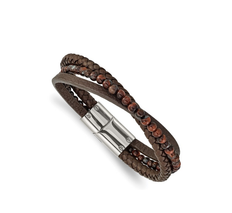 Stainless Steel Polished Multi Strand Tiger's Eye Beaded Brown Leather Bracelet