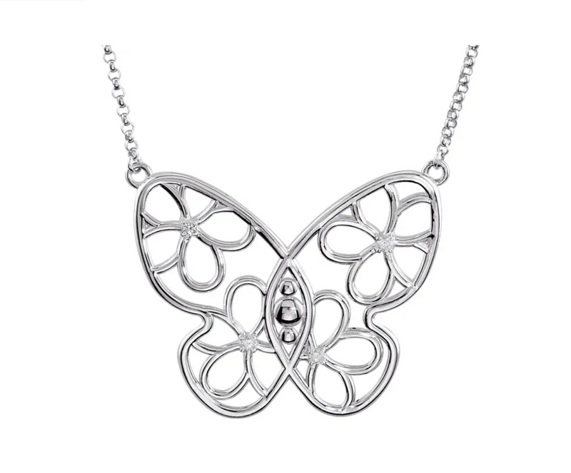 Sterling Silver Diamond Butterfly & Floral-Inspired Necklace - available on special order
