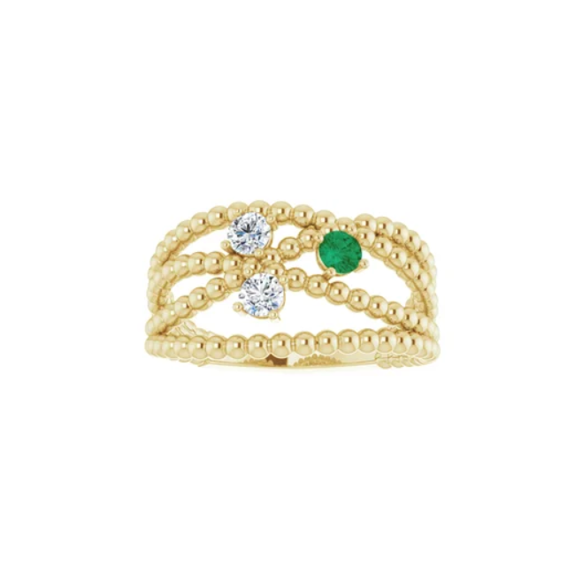 Diamond and Emerald 3-stone Beaded Criss Cross Ring - available on special order