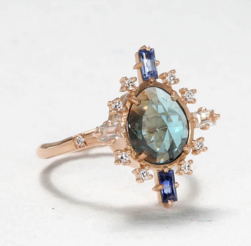 Blue Indicolite Tourmaline and Diamond Accent Starburst Ring