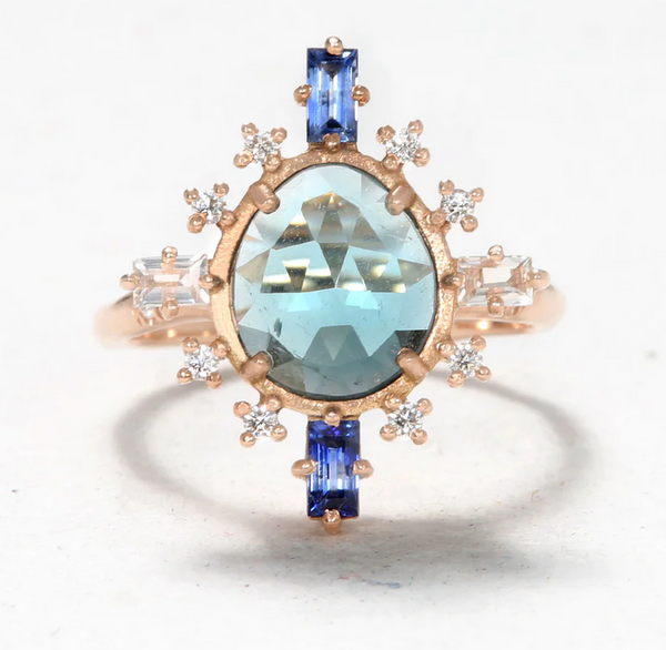 Blue Indicolite Tourmaline and Diamond Accent Starburst Ring