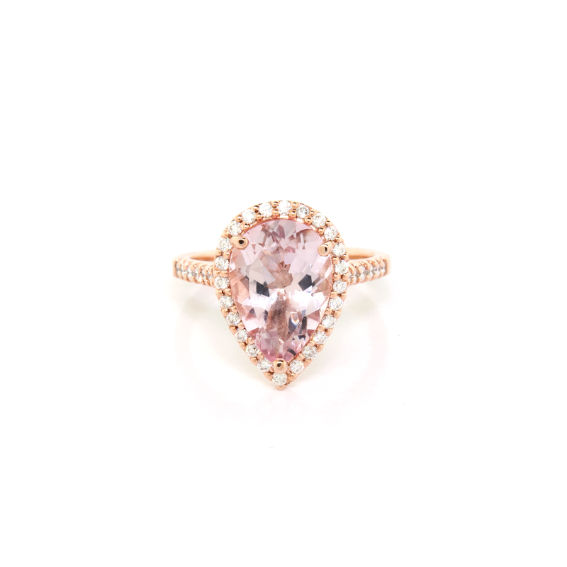 Pear Shape Morganite and Diamond Halo Ring - available on special order