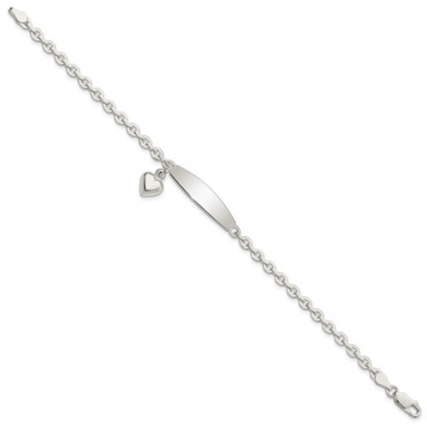 Sterling Silver Polished Rolo Link ID Heart Dangle Bracelet