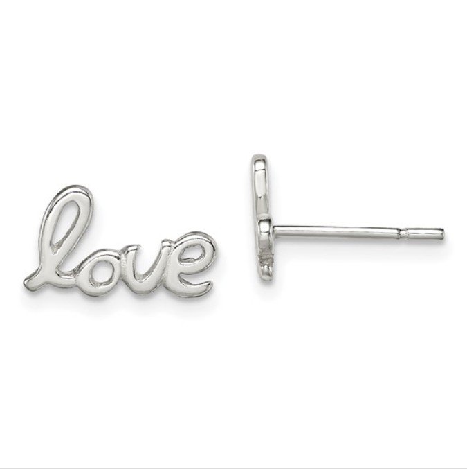 Silver Love Script Stud Earrings - available on special order