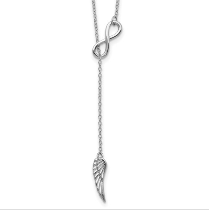Silver Open Infinity and Angel Wing Lariat Necklace